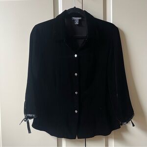 Harold's black velvet long-sleeve button-down blouse w/ tie details on the cuffs